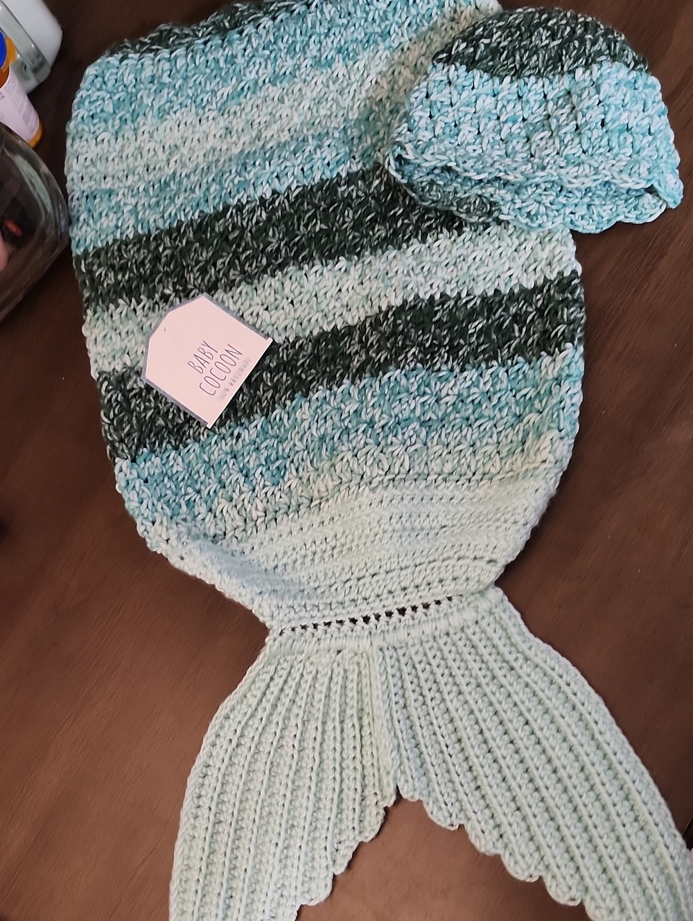 Baby Crochet Cocoon With Hat Seafoam/teal/turquise Stripe